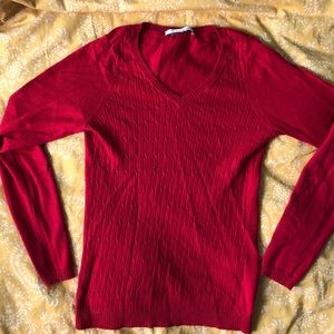 Red cable knit v neck sweater